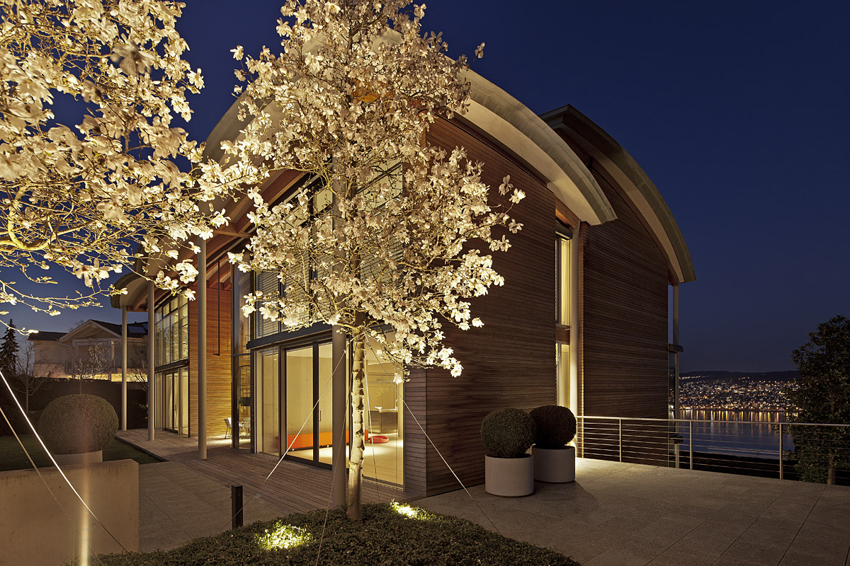 privates Wohnhaus am Zürichsee - von unten beleuchtete Bäume - TROPP LIGHTING DESIGN