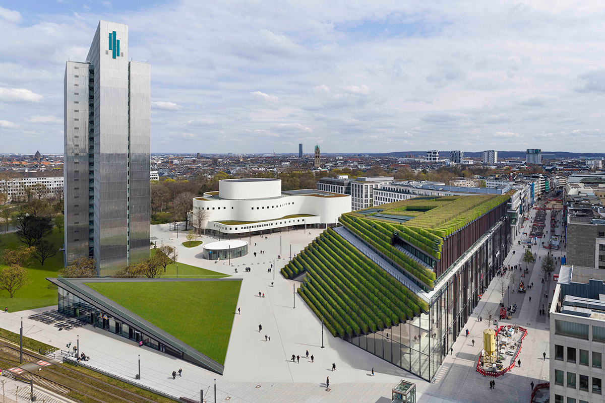 Gustaf-Gründgens-Platz, Kö-Bogen, Scheibenhaus, Düsseldorf – Vogelperspektive - TROPP LIGHTING DESIGN